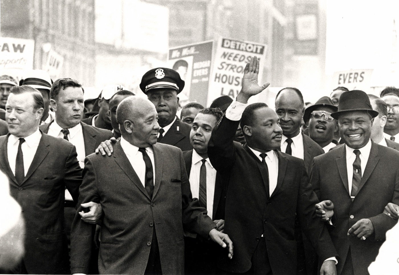 Black and white photo of crowd with Martin Luther King Jr