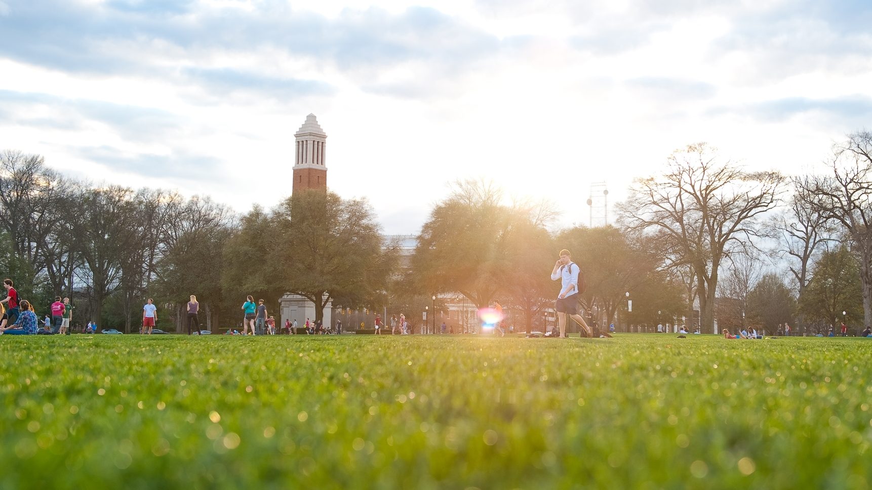 The sun shines onto grass on The University of Alabama campus.