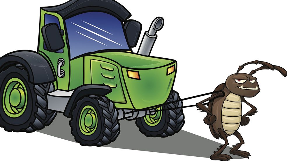 Illustration of a cockroach pulling a green tractor