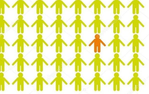 One orange stickman stands out amongst numerous yellow stickmen