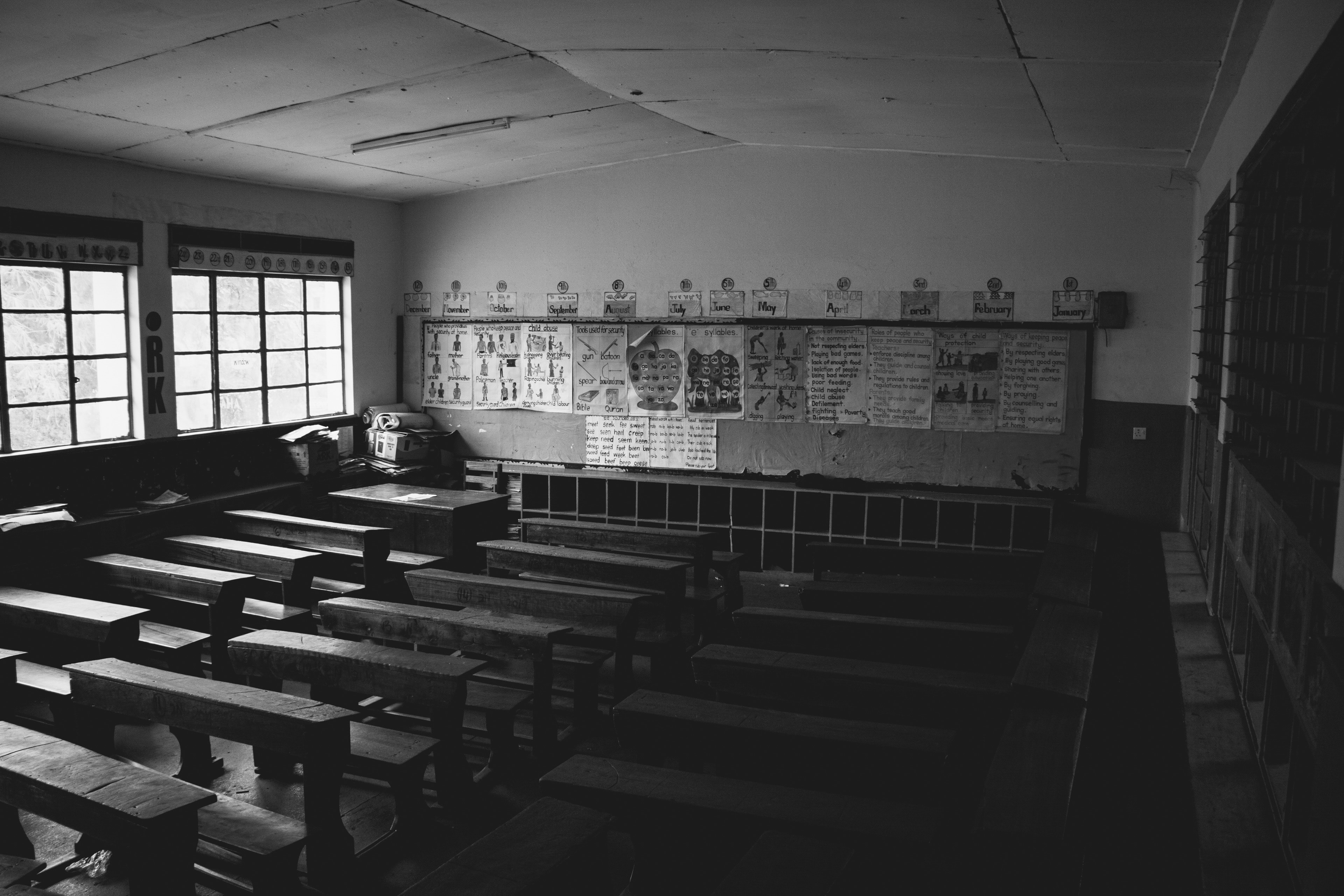 An empty, dark classroom