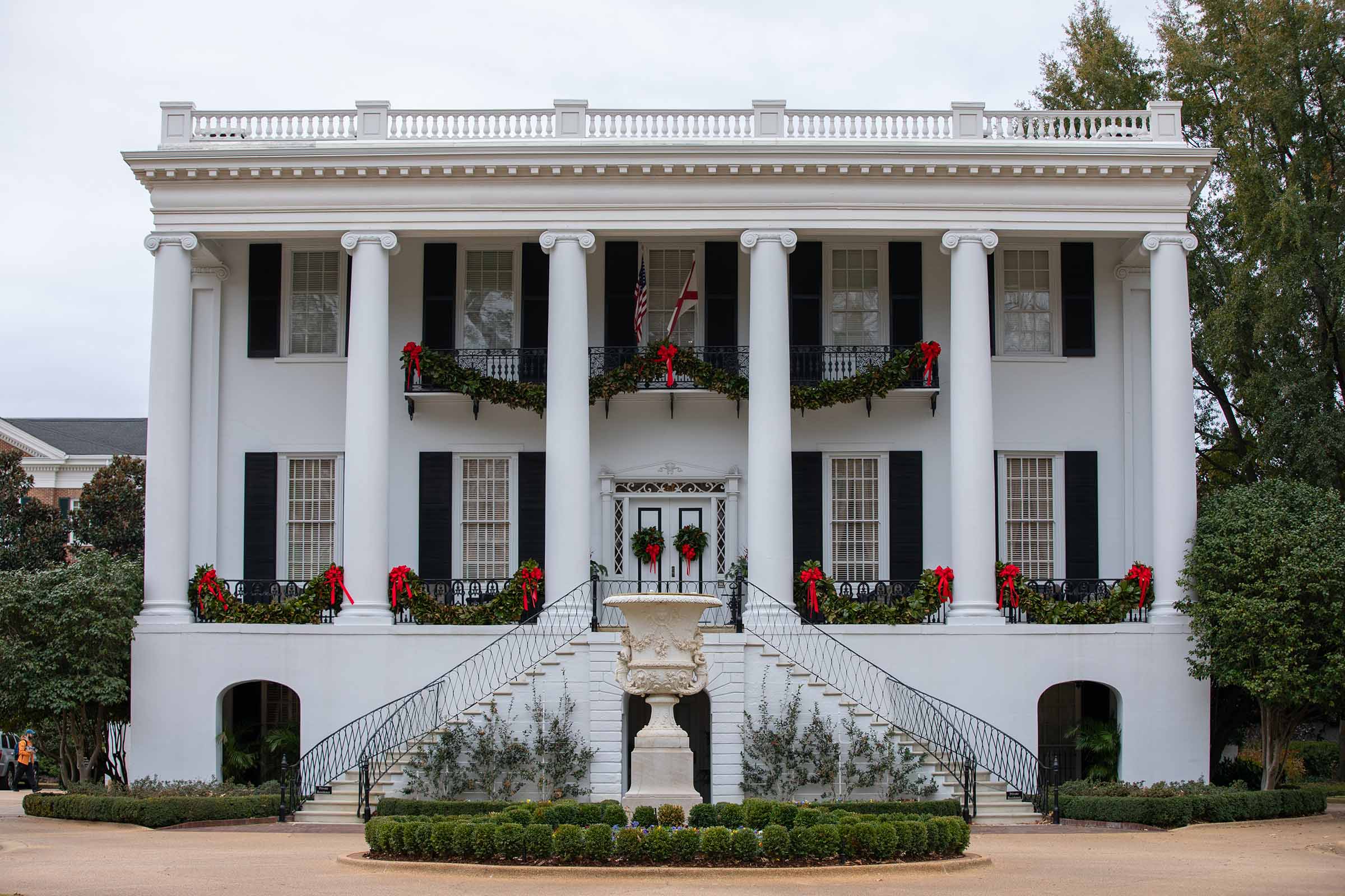 President's mansion with wreaths and ribbons