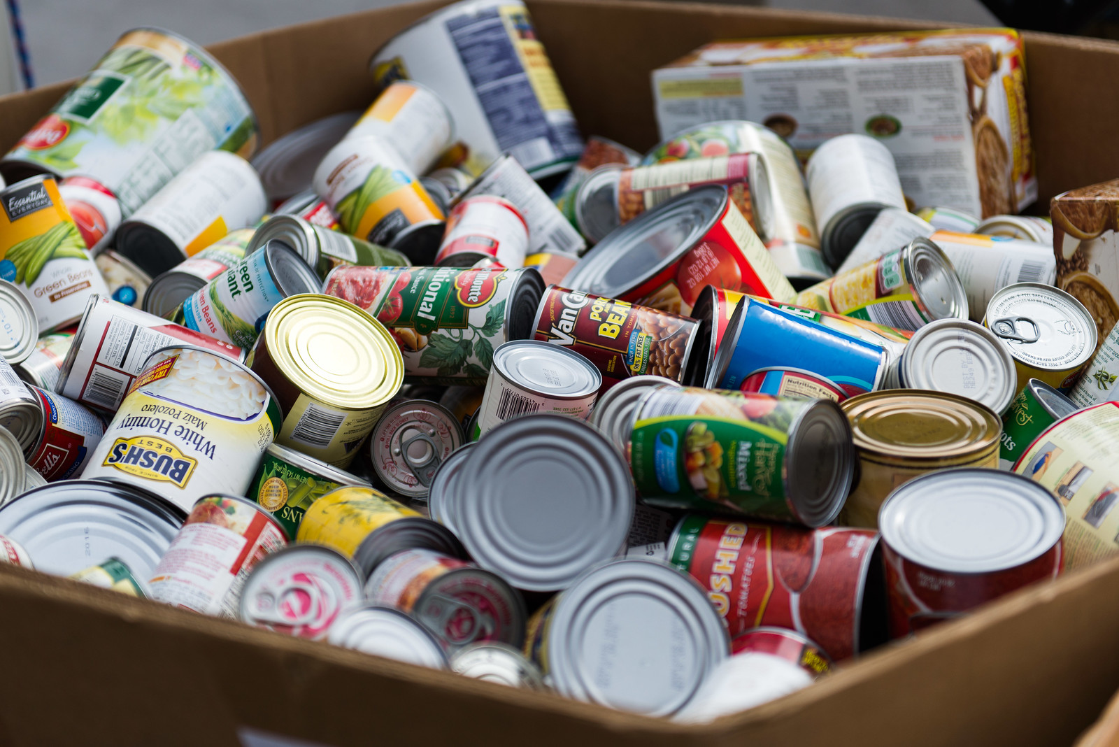 A box full of canned goods.