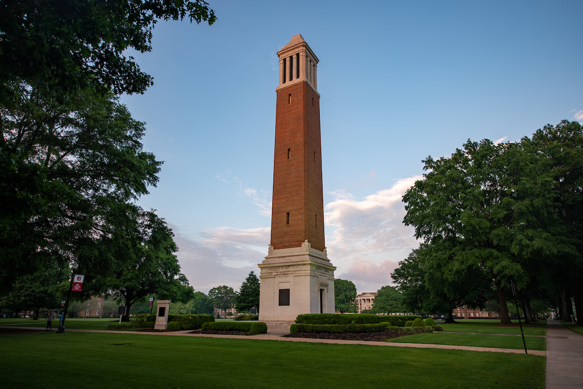 An image of Denny Chimes at dusk.