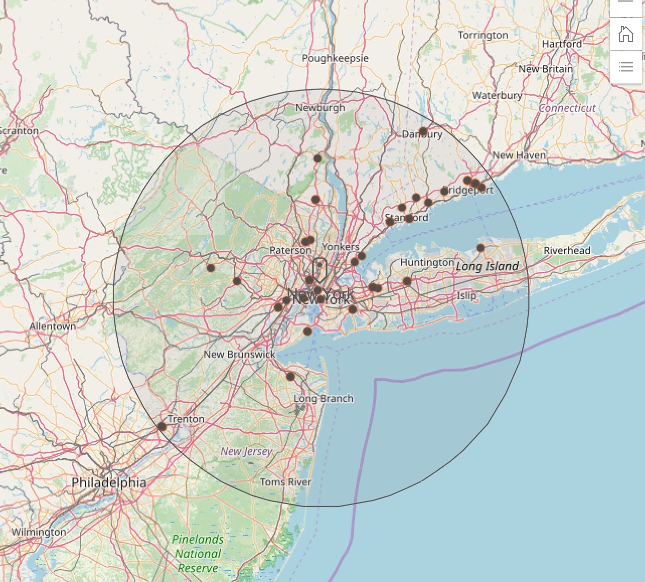 A screen shot from a computer of a map of the New York City area showing COVID-19 testing sites.