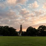 sunset glow on the Quad with Denny Chimes in the background