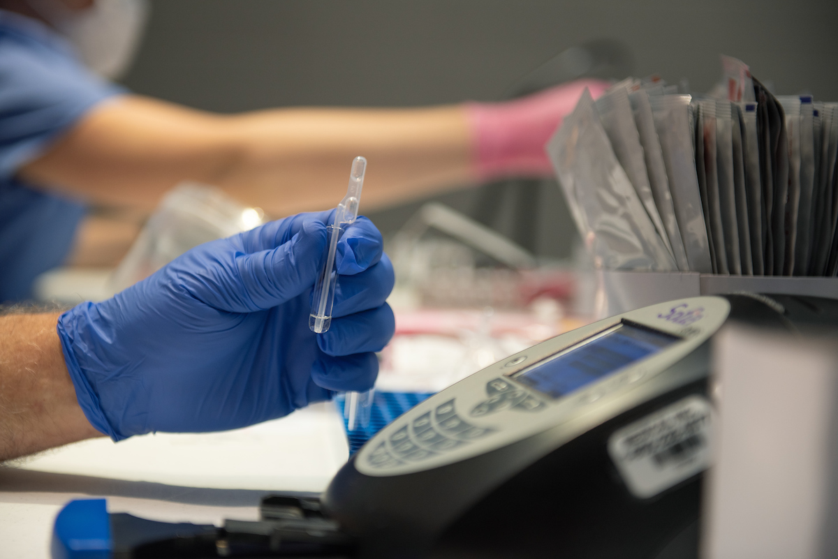 A hand wearing a blue medical glove holds a COVID test