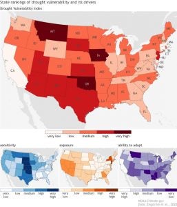 A color-coded map of the United States based on risk of drought effects.