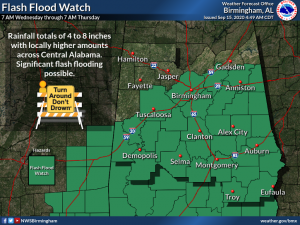 Map of the state of Alabama showing counties that are in the flash flood watch.