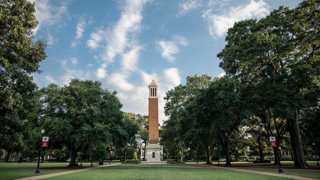 landscape photograph of denny chimes on the quad