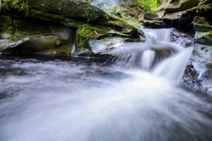 A water stream cascades down rocks.