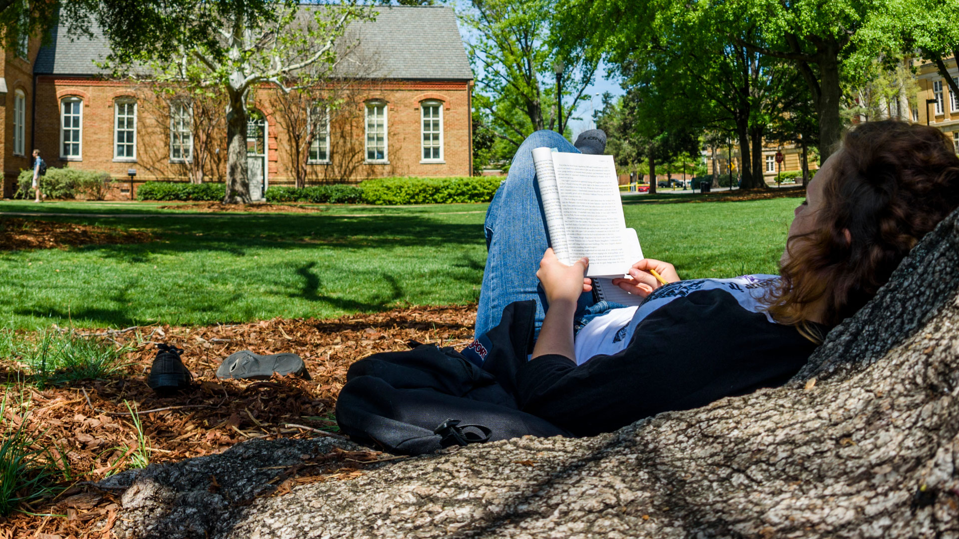 a female student leans against a tree on the quad while reading a book