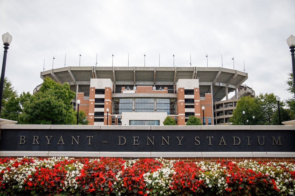 Centered, the University's football stadium can be seen with it's Bryant-Denny Stadium sign.