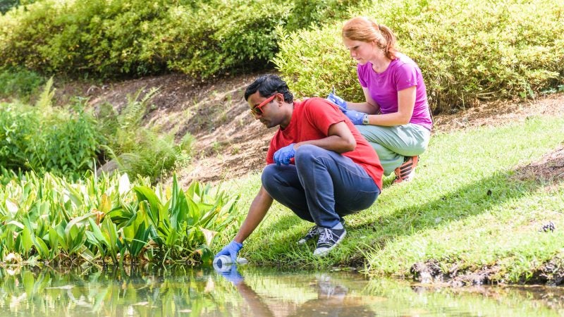 A student collecting a water sample from a pond while another student takes notes
