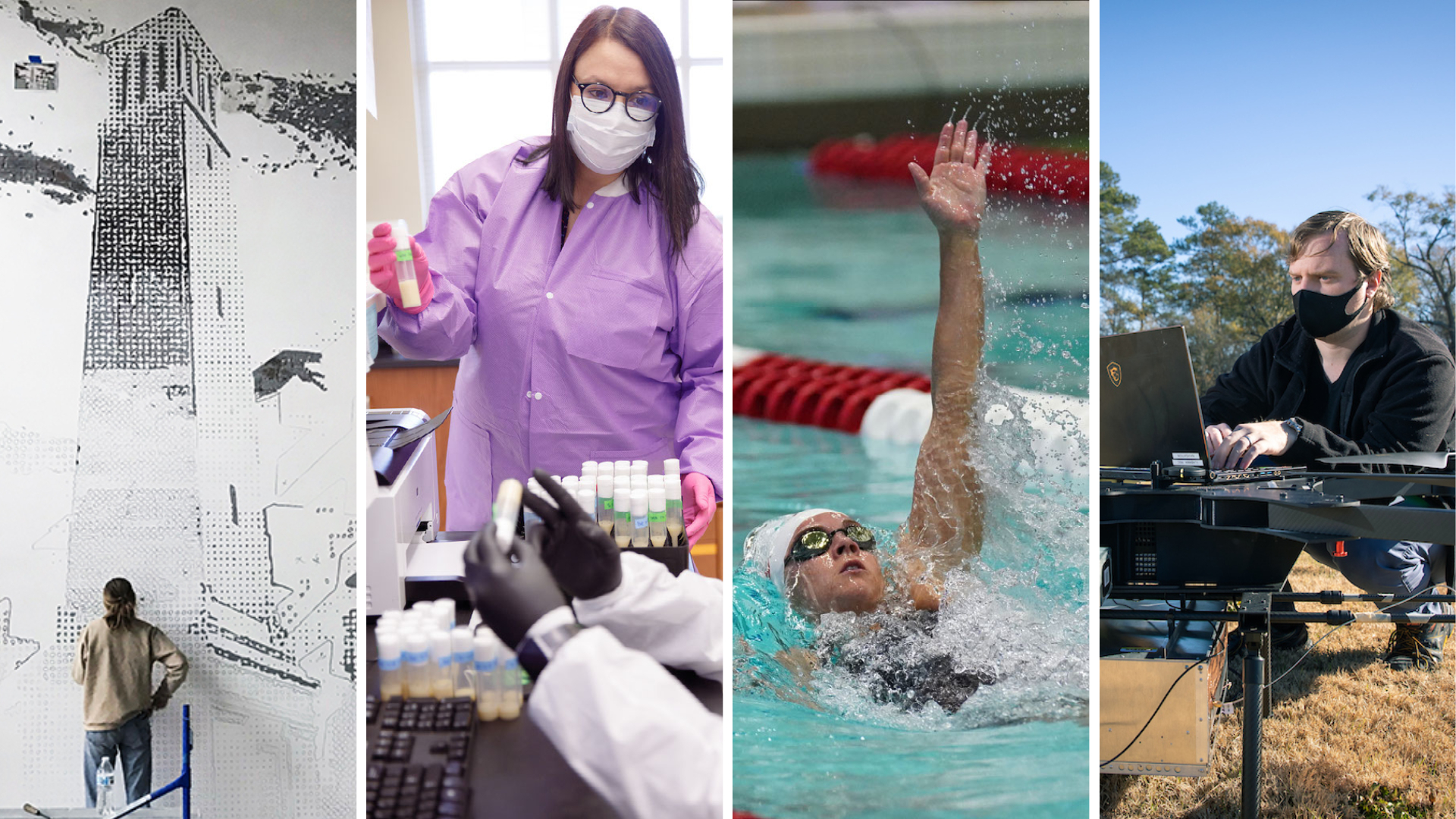 collage of four pictures, including a man sculpting a mural, a researchers in a lab, a woman swimming in a pool., and a man working on a drone