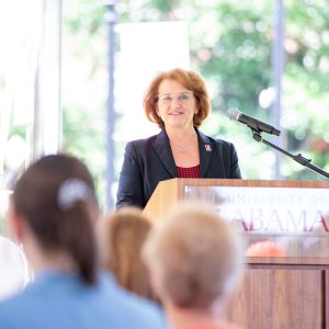 Dean Suzanne Prevost gives remarks at the podium during the kickoff event