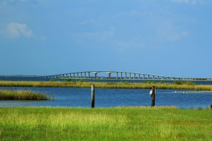 A long bridge spans a waterway surrounded by marshlands.
