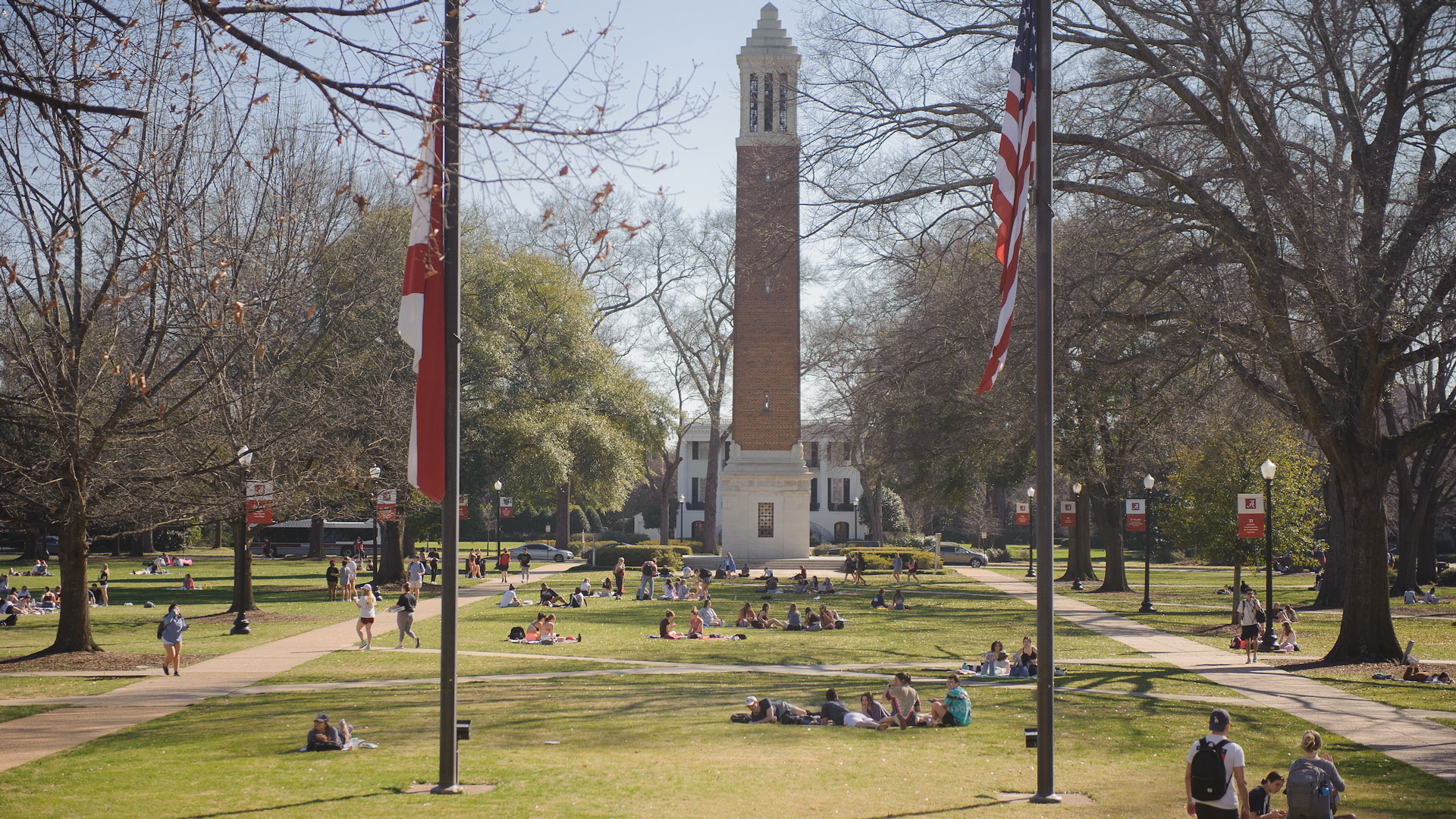 Photograph from the view of the steps of Gorgas Library looking out over the Quad full of groups of students sitting in the grass