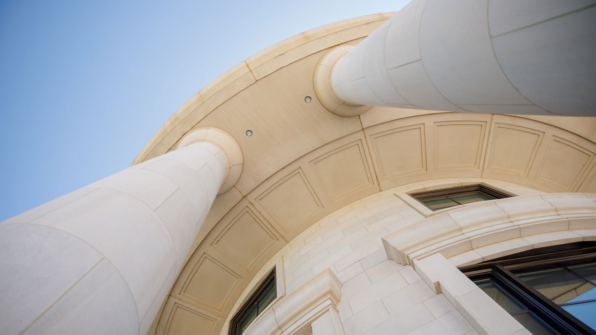 photograph from the exterior of shelby hall looking up at the interior of the roof