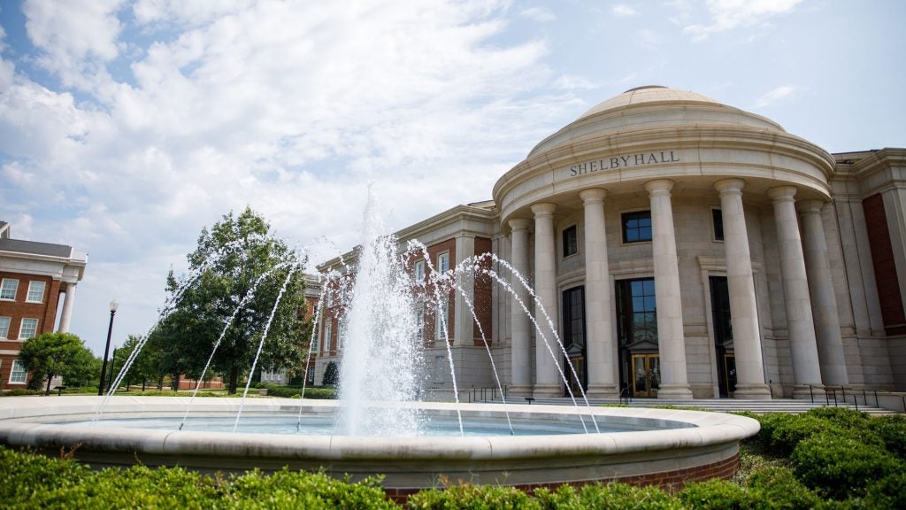 photograph of the foundations spraying water outside of Shelby Hall