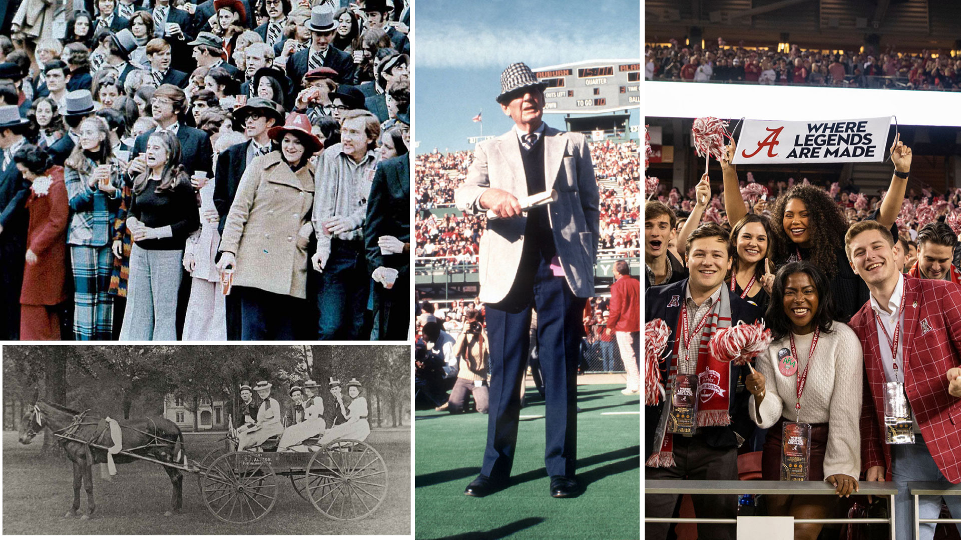 a college of photographs showing different decades of clothing worn for game day