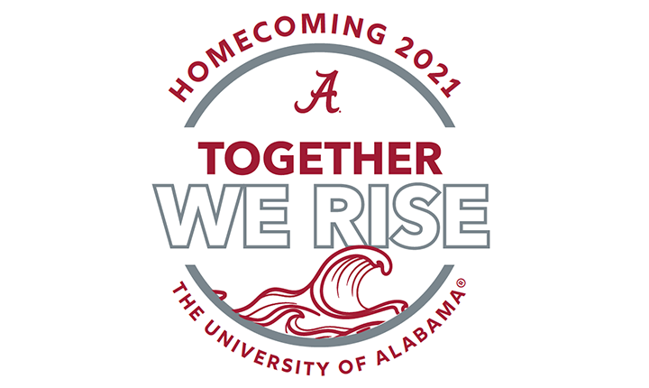 A white logo with the word's "Together We Rise" written out over a crimson wave.