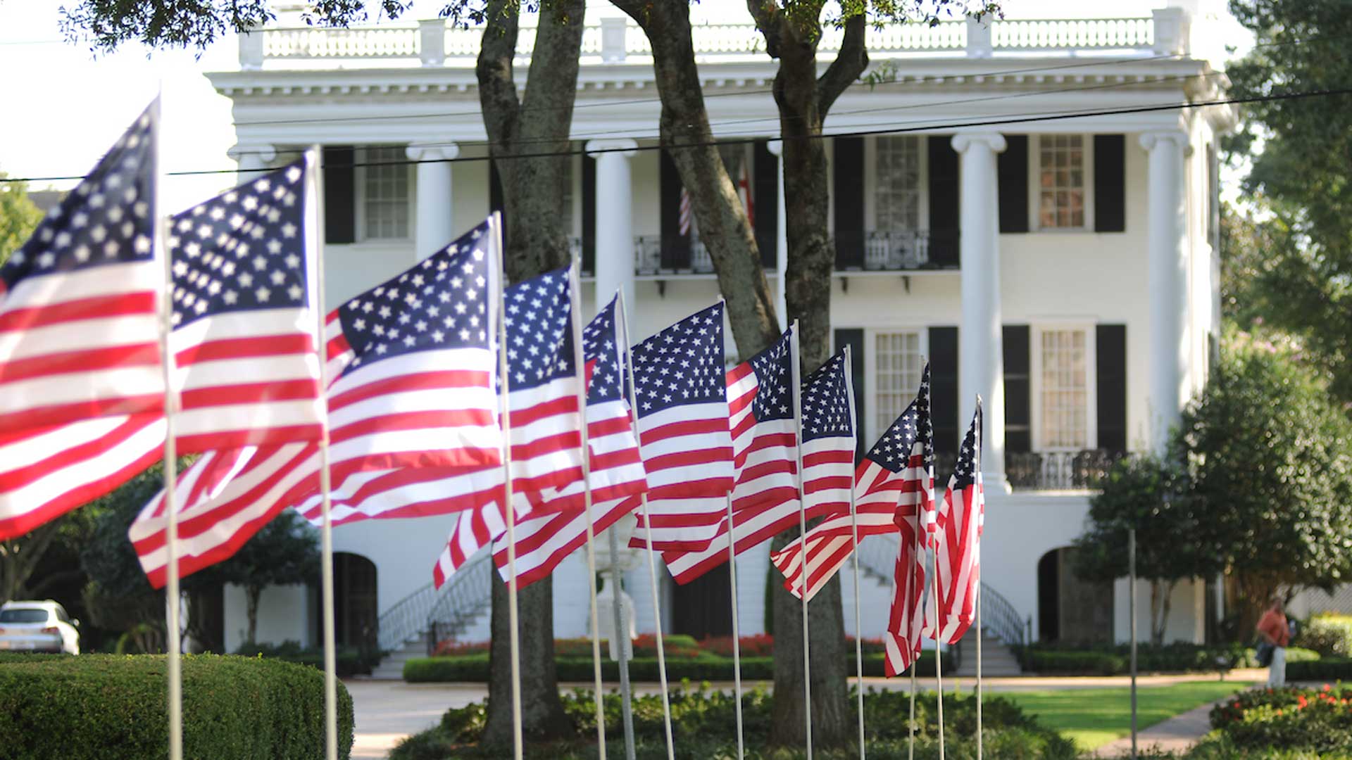 American flags in front of president's mansion