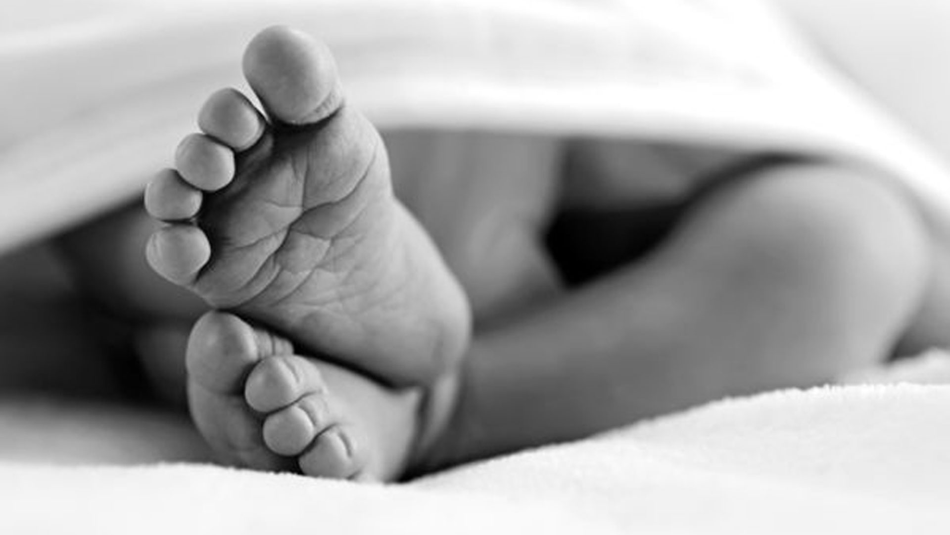 black and white photo of a baby's feet
