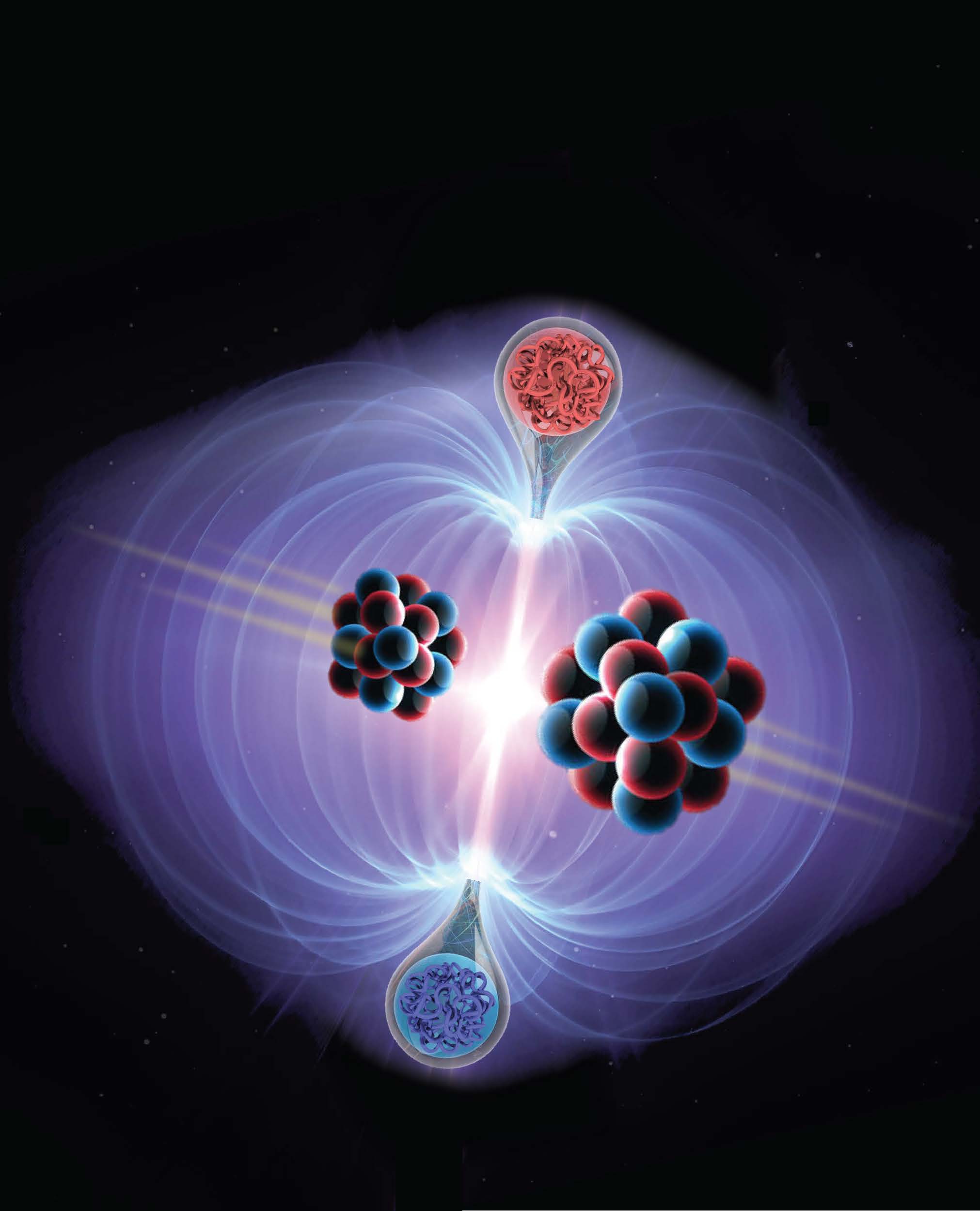 A conceptual drawing of particles colliding.