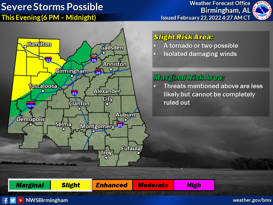 A map of the state of Alabama showing a risk for severe weather.