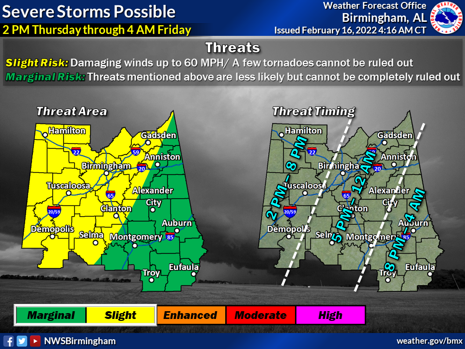 A map of Alabama showing a slight risk for severe weather for the western half of the state.