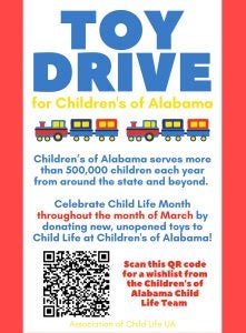 The Association of Child Life Month's toy drive poster
