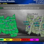 A map of Alabama showing Tuscaloosa County has a marginal risk for severe weather for March 18.