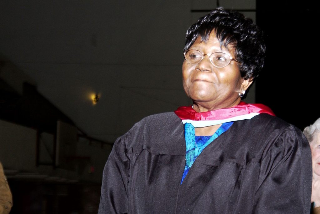 Dr. Autherine Lucy Foster wearing a black robe