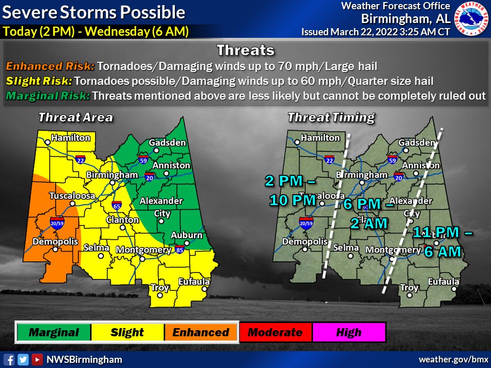 A map of Alabama showing Tuscaloosa in an enhanced risk for severe weather on Tuesday, March 22, 2022
