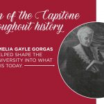 In white text, it says Women of the Capstone Throughout History with a black and white picture of Amelia Gayle Gorgas sitting and reading a book.