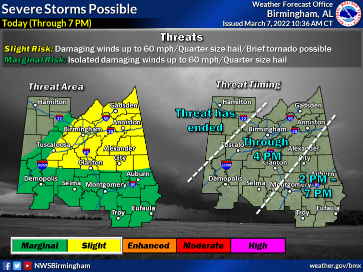 A map of Alabama showing a slight risk for severe weather for Monday, March 7