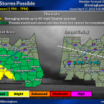 A map of Alabama showing Tuscaloosa County in a marginal risk for severe weather including damaging winds and hail on Sunday, April 17 from 2 p.m. until 7 p.m.