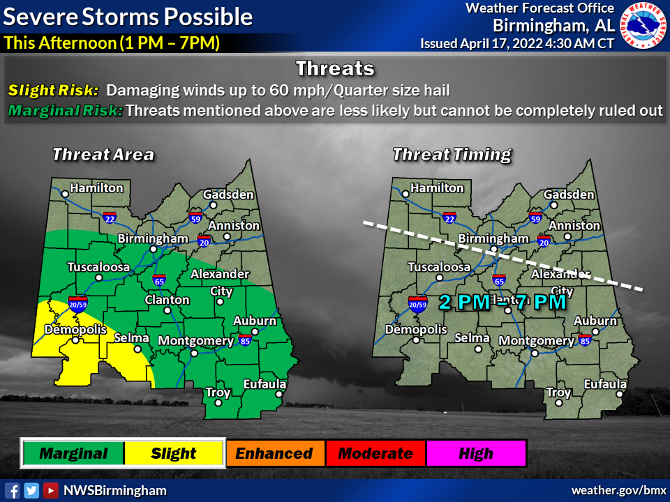 A map of Alabama showing Tuscaloosa County in a marginal risk for severe weather including damaging winds and hail on Sunday, April 17 from 2 p.m. until 7 p.m.