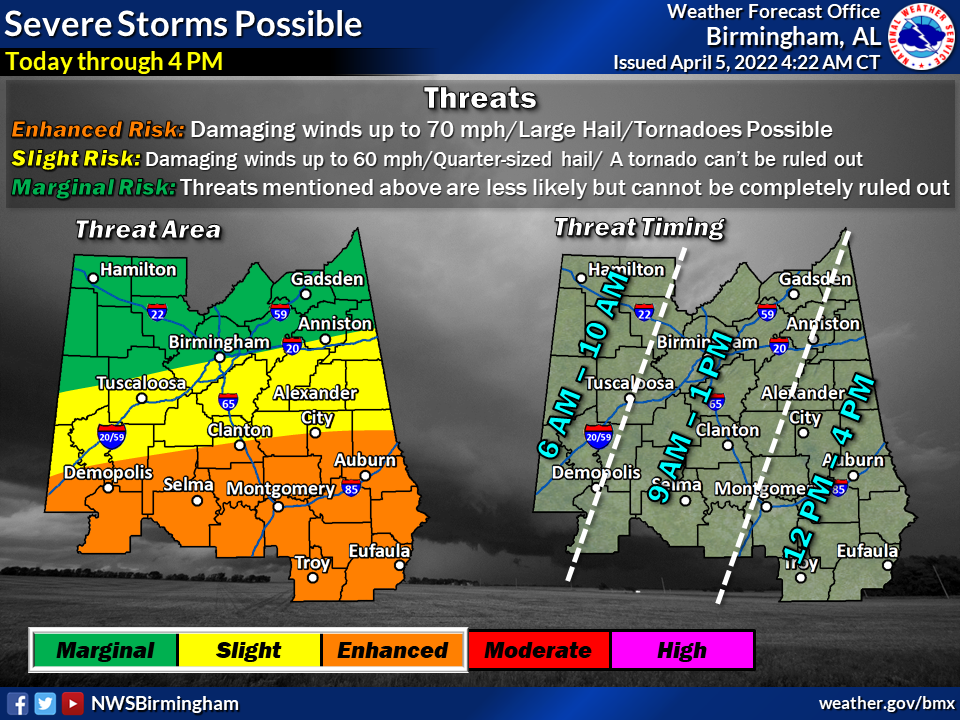 A map of Alabama showing Tuscaloosa County in a slight risk for severe weather for Tuesday, April 5.