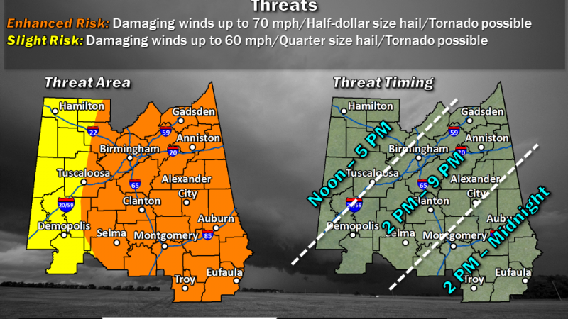A map of Alabama showing a risk of severe weather for Tuscaloosa County for Wednesday, April 6.