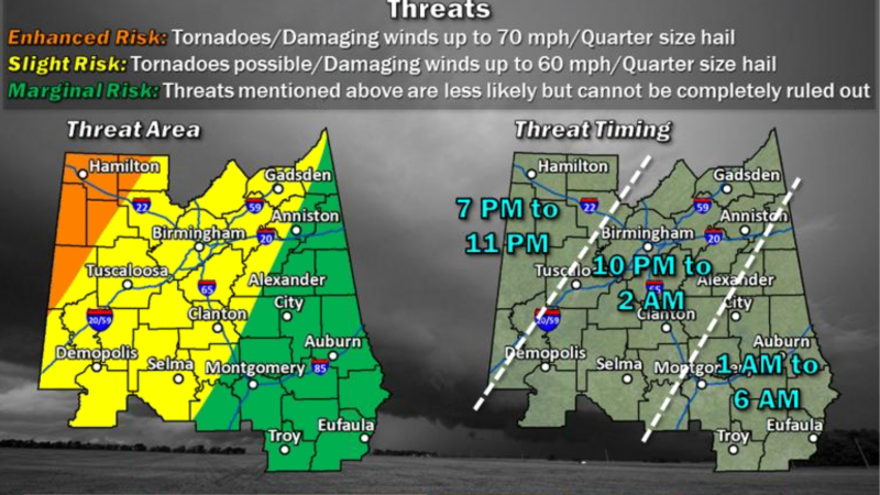 A map of Alabama showing Tuscaloosa County in a slight risk for severe weather for Wednesday, April 13