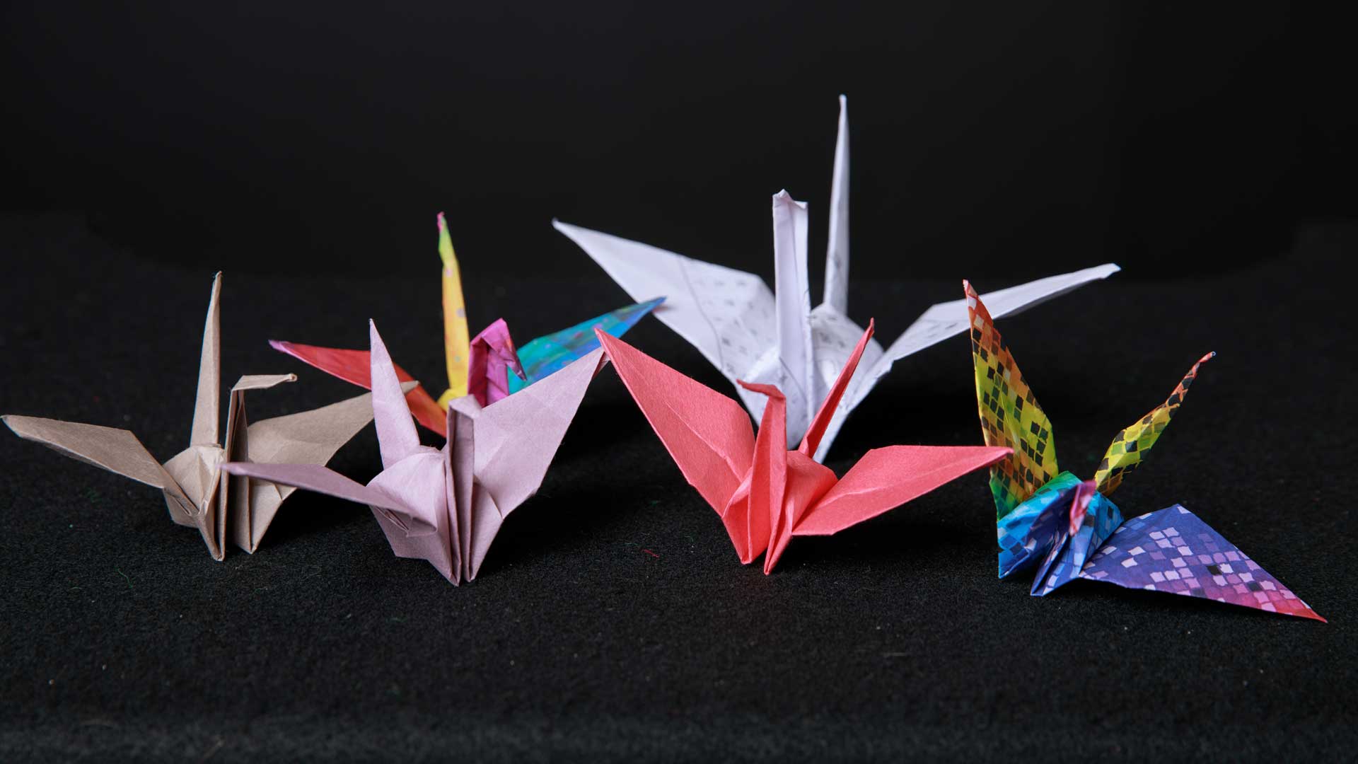 Six paper cranes are folded and sitting on a black background. One crane is coral pink, one is lavender, one is tan, two are multicolored and one is folded on Hiragana practice paper.
