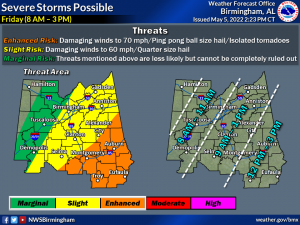 A map of Alabama showing a marginal risk of severe weather for Tuscaloosa County on May 6.