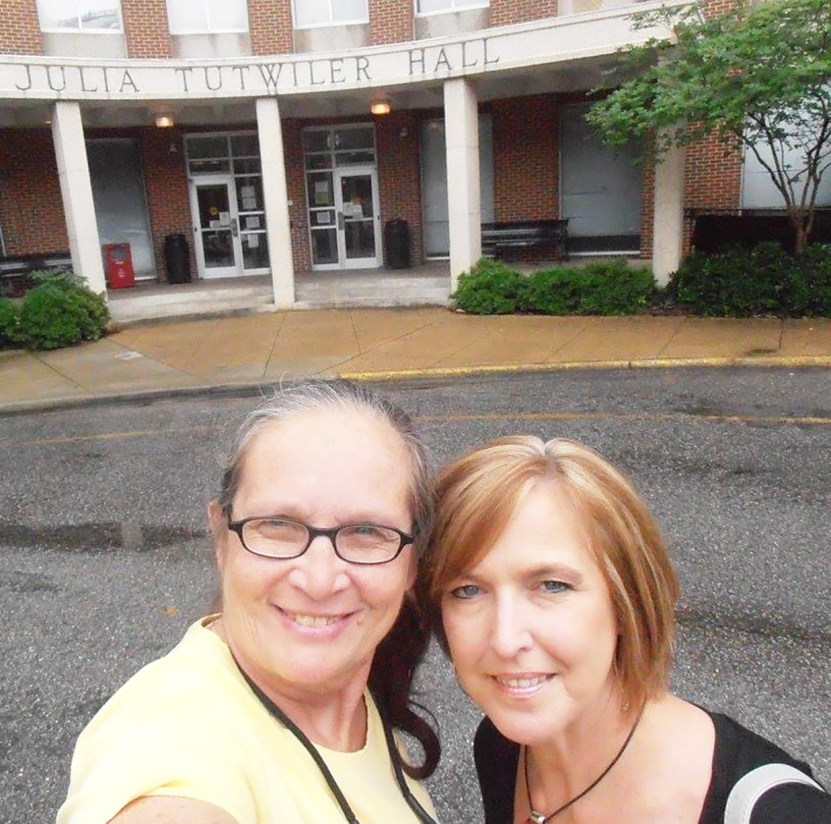 Carol Diegel (left) and her best friend, another UA Alumnae Ann Carl Bruner, in front of Tutwiler Hall in 2015.