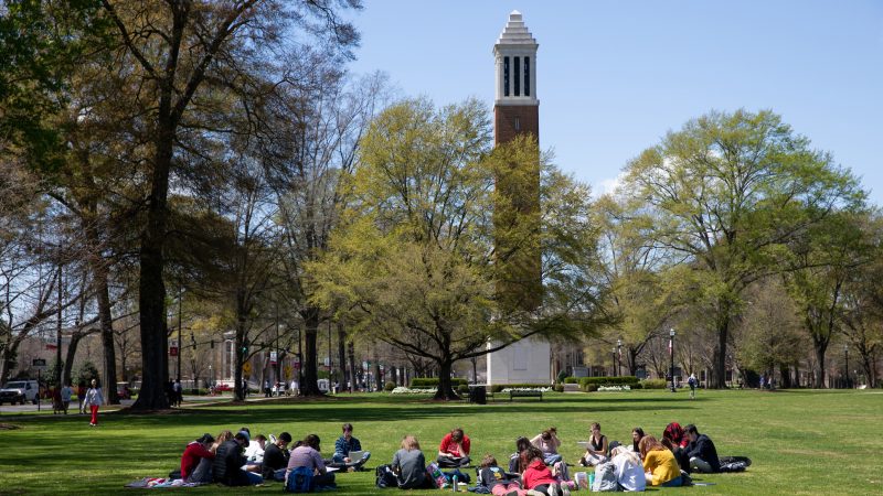 A group of students studying on the Quad