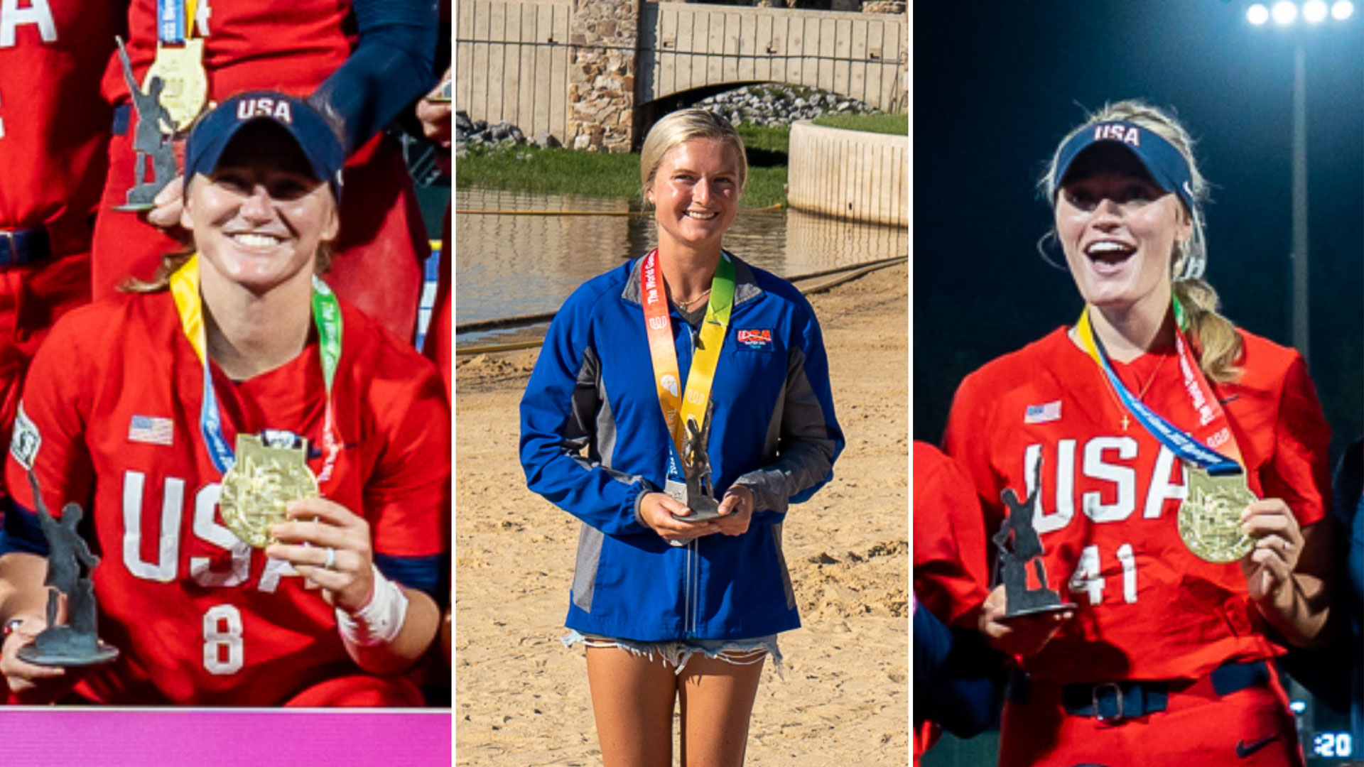 A collage of pictures of McCleny, Fouts and Gay holding up their world cup medals and trophies