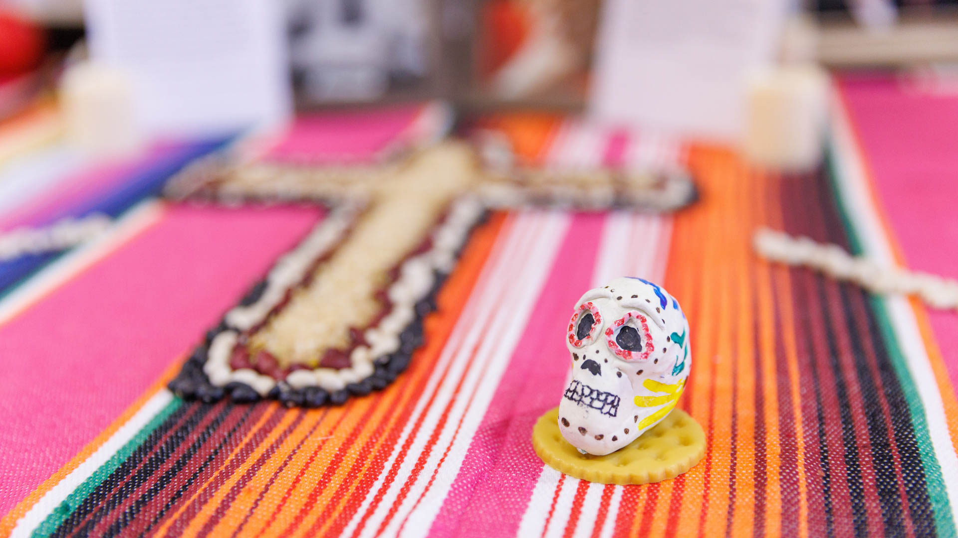 close up on a sugar skull on the altar