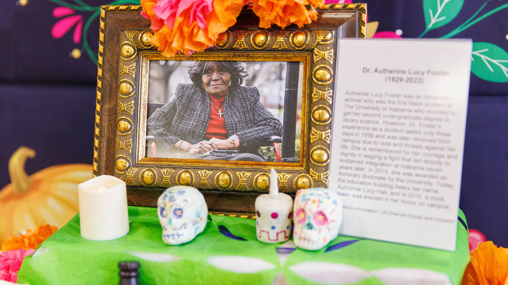 a framed photograph of Dr. Autherine Lucy foster on the dia de muertos altar