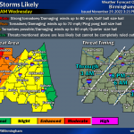 A map of Alabama showing Tuscaloosa County in an enhanced risk for severe weather.